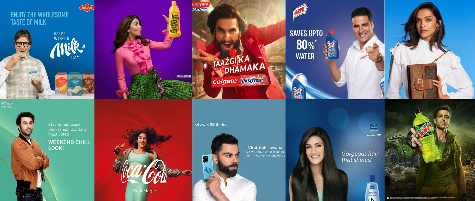 Collage of Bollywood, Tollywood, cricket and OTT celebrity brand endorsement campaigns by InfluencerHai