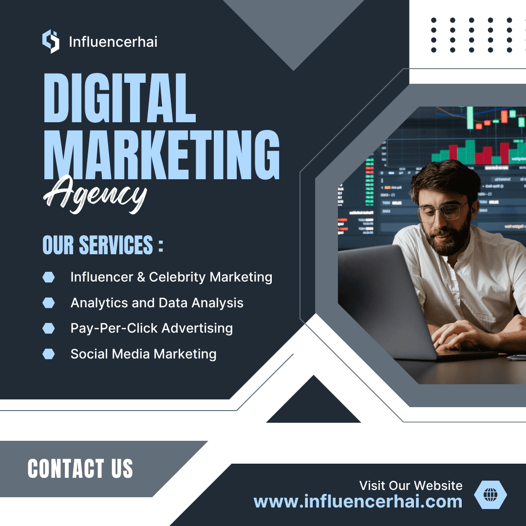 Top Digital Marketing Agency in India - InfluencerHai promotional banner featuring a digital marketer with SEO and social media icons.