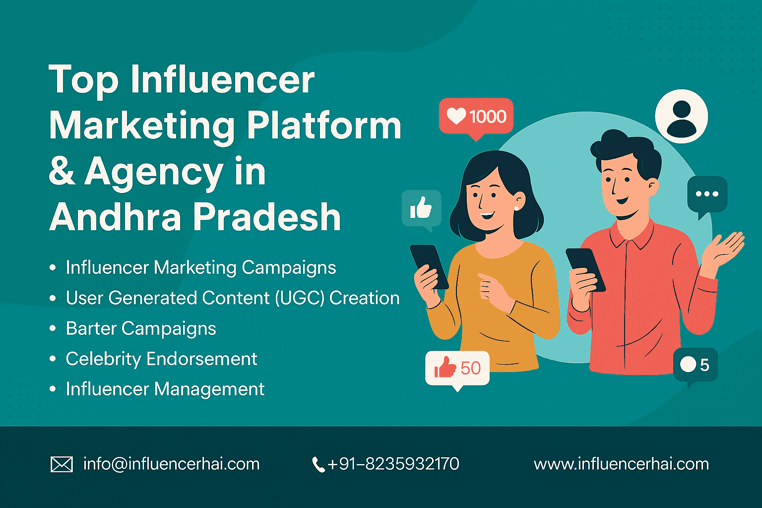 Top Influencer Marketing Agency in Andhra Pradesh – InfluencerHai Services Banner Digital banner displaying services of top influencer marketing agency in Andhra Pradesh by InfluencerHai including UGC creation, celebrity management, barter campaigns, and contact details.