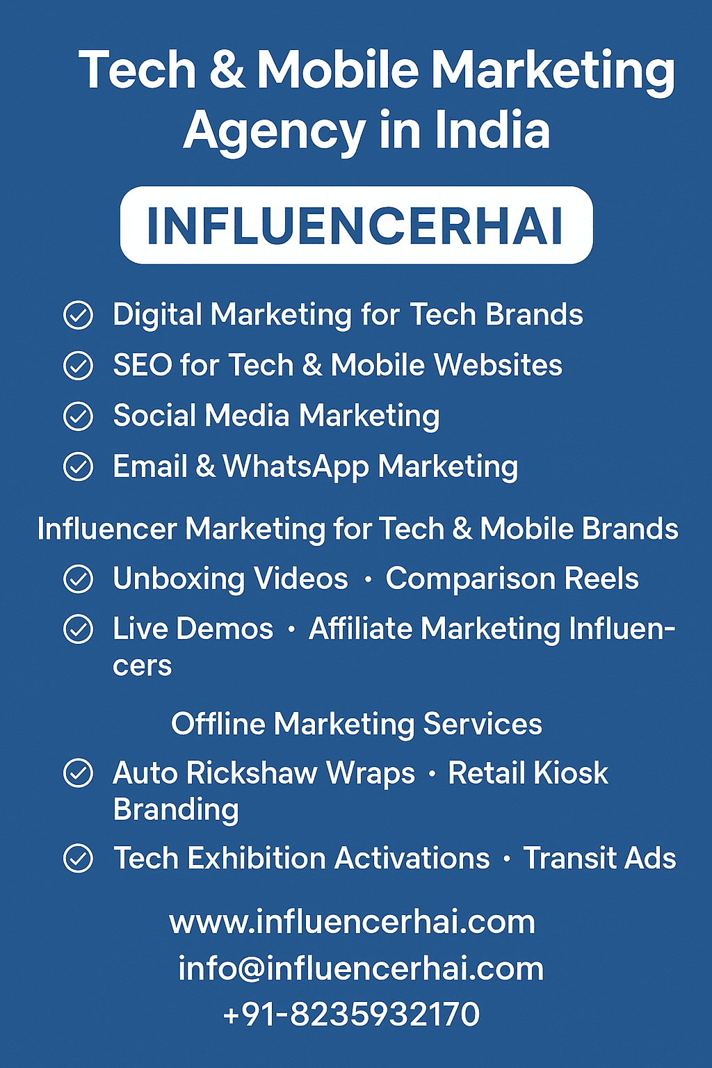 Promotional graphic for InfluencerHai showcasing Tech and Mobile Marketing services in India including digital marketing, influencer campaigns, and offline branding with contact details