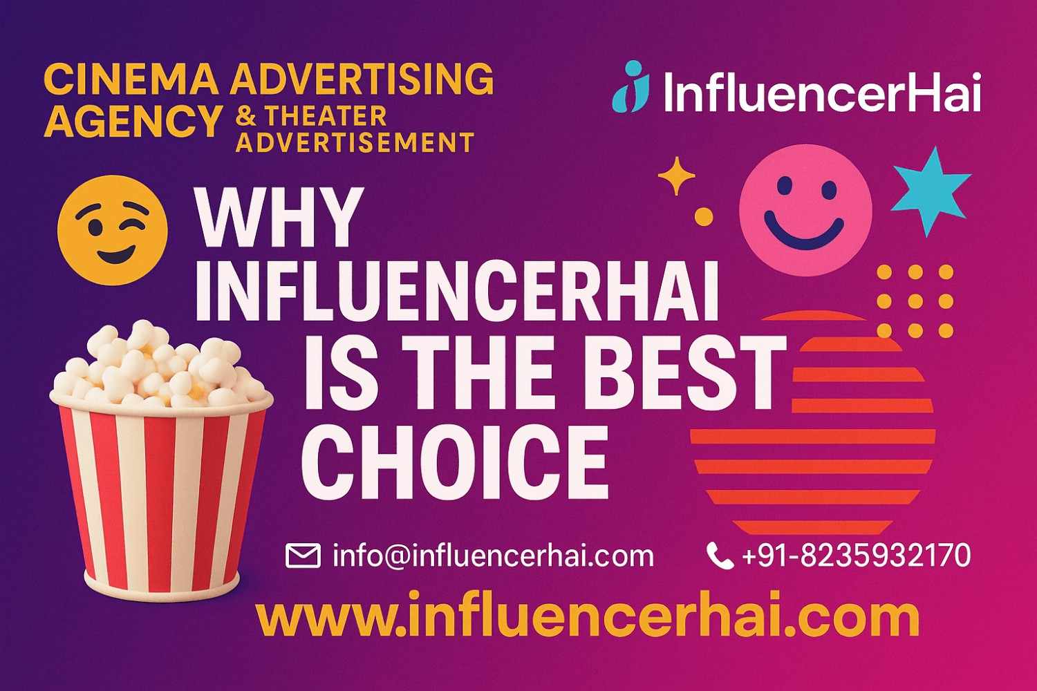 Cinema advertising agency in India – Gen Z–style promotional image by InfluencerHai with contact details for movie theater ads and multiplex branding.