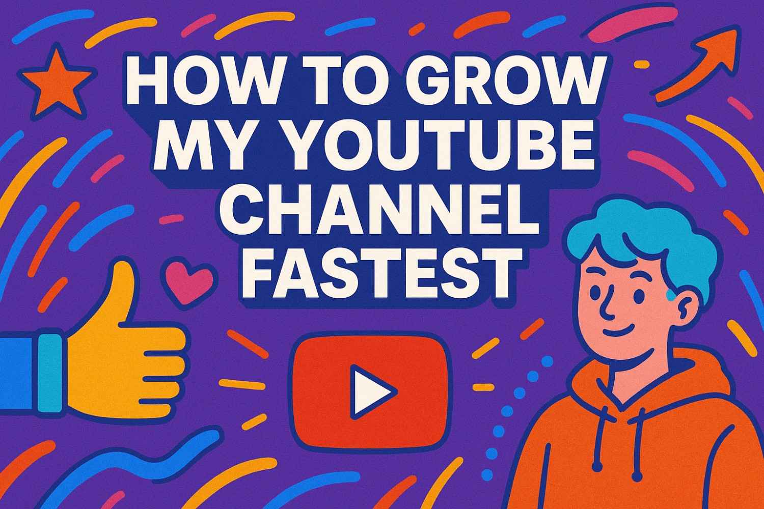 Gen Z-style illustrated featured image showing how to grow your YouTube channel fastest in 2025 with YouTube icons, play button, thumbs-up, and a smiling content creator